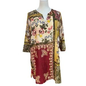 Antica Sartoria Cotton Patchwork Tunic Dress Boho Luxe Resort Wear Cottagecore M